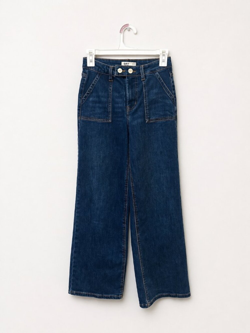 Wide Leg Jeans High Rise Patch Pocket Denim Cropped Dark Wash OAT New York 25